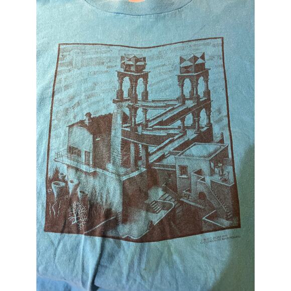 VINTAGE 1988 M.C. Escher Waterfall Art Print T-Shirt Teal Size XL - Picture 4 of 5